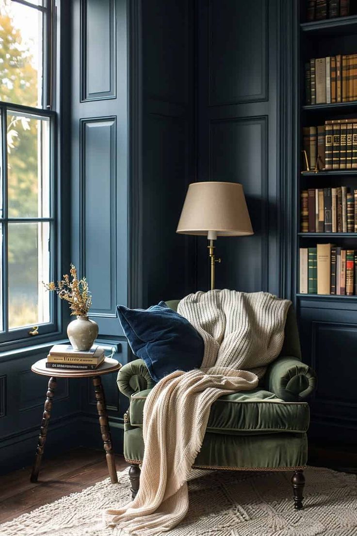 a living room filled with furniture and bookshelves next to a window covered in blankets