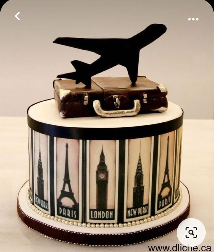 a cake with an airplane on top of it and luggage around the edges that says london