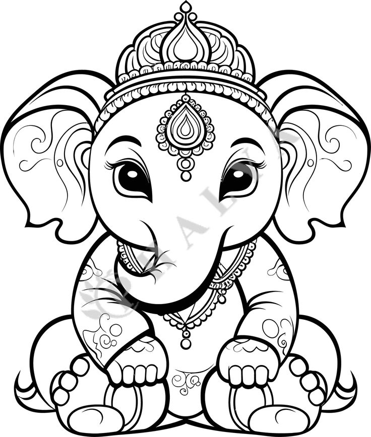 an elephant with a crown on it's head sitting down in front of a white background