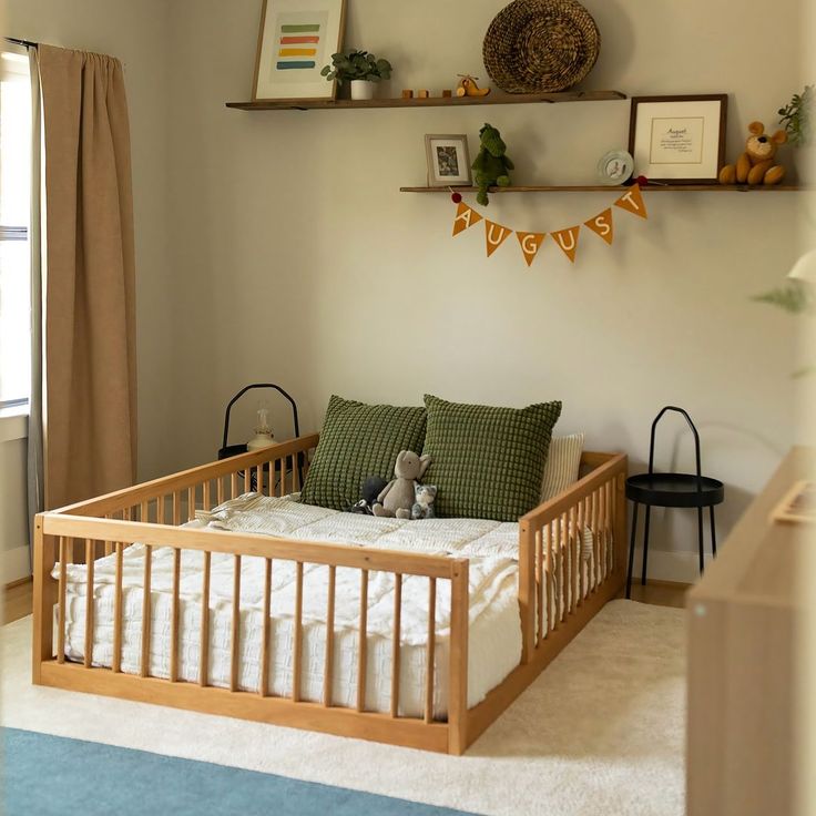 there is a small bed in the room with two shelves on the wall above it