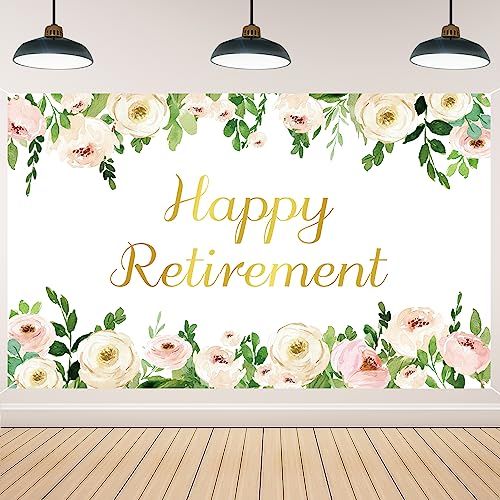 an empty room with flowers and the words happy retirement in gold foil lettering on it