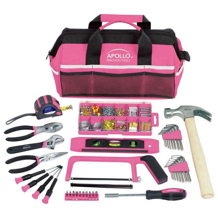 the pink tool bag is full of tools