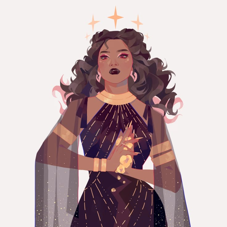 an illustration of a woman in a black dress with stars on her head and arms