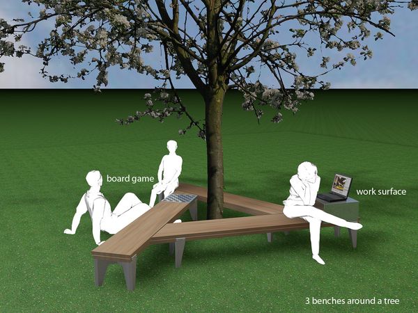 three people are sitting on benches under a tree and one is reading a book while the other looks at a laptop