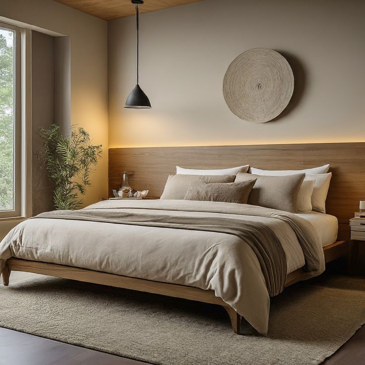 a bedroom with a large bed in front of a window next to a plant on the floor