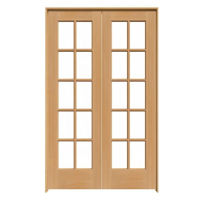 an open wooden door with glass panels on the front and side doors, isolated against a white background