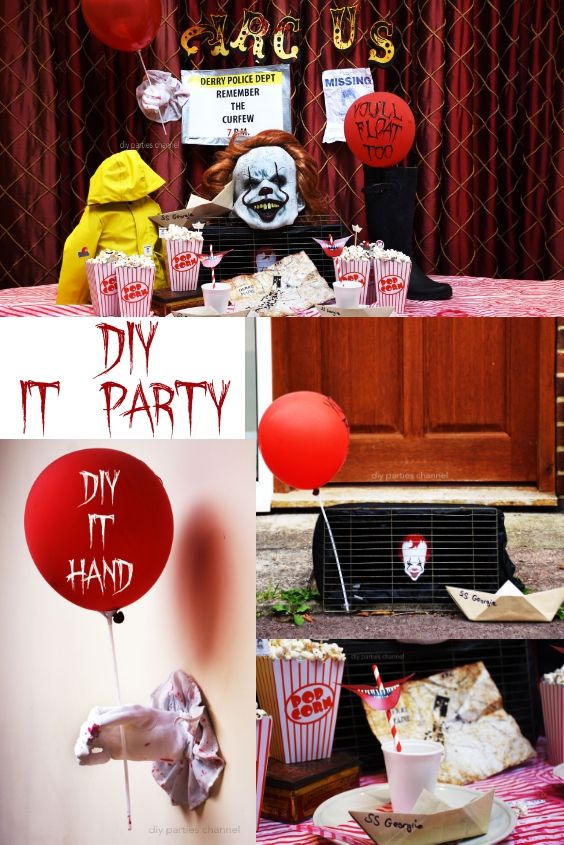 a collage of photos with balloons, food and decorations for a diy it party