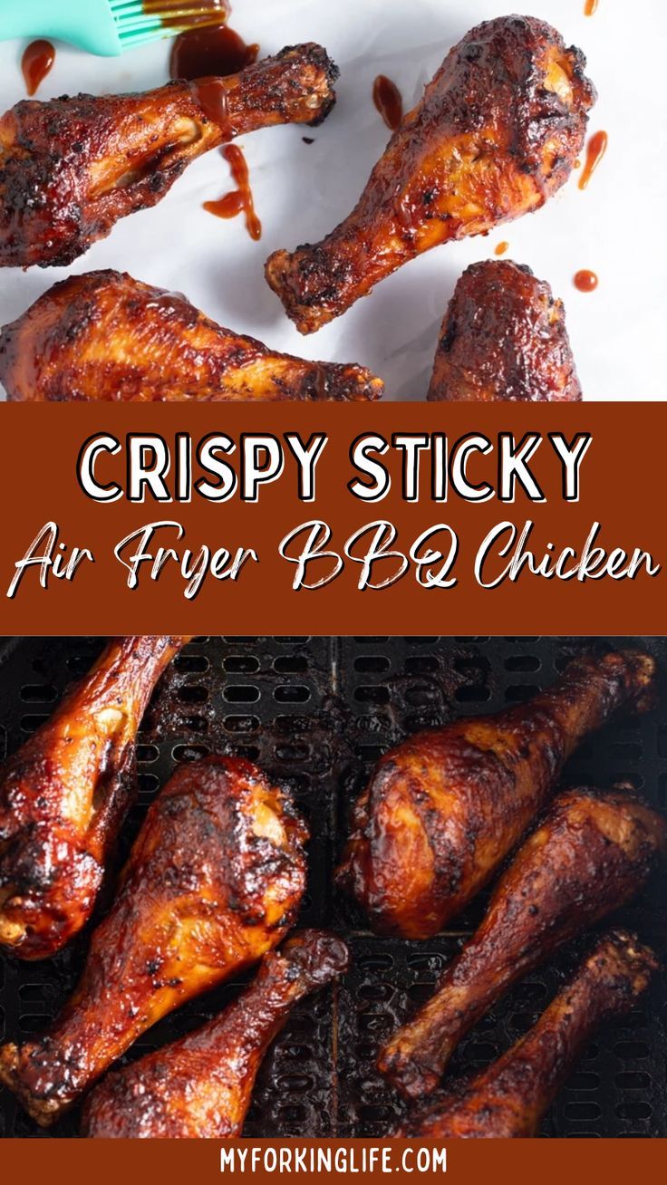 crispy sticky air fryer bbq chicken on the grill with text overlay