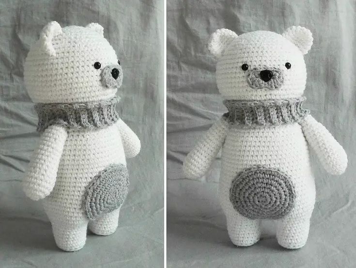 two pictures of a white crocheted teddy bear