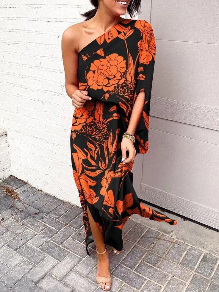 🚚FREE Shipping on orders over $60 ✨ use Code: "Mylook" for Extra Discount at checkout Gender: Women Type: Dresses Feature: Slanted Shoulder, Print, One Sleeve Material: Polyester Style: Casual/Fashion Color: Black, Violet, Green, Blue, Orange Size: S, M, L, XL, 2XL, 3XL Please Note: All Dimensions Are Measured Manually With A Deviation Of 1 To 3cm. One Sleeve Dress, Dress Sleeve Styles, Half Sleeve Dresses, Loose Outfit, Printed Dress, Side Split, Looks Style, Outfit Casual, Split Hem