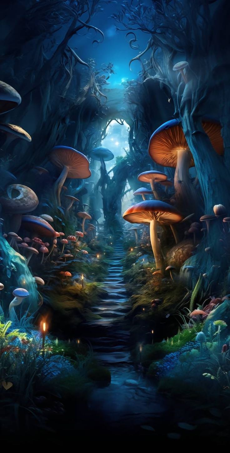 an image of a forest scene with mushrooms and lights in the dark night, digital painting