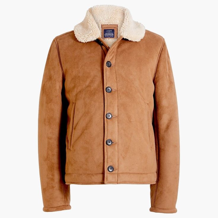 J. Crew Factory Faux Sheepskin Suede Bomber Jacket. Sold out online. Note: The jacket is cut slightly short in the body according to reviews online. Brand new with tags. Fitted Shearling Fur Coat For Fall, Fitted Fall Shearling Fur Coat, Long Sleeve Shearling Outerwear For Fall, Fitted Sheepskin Outerwear For Cold Weather, Fall Outerwear With Fleece Lining And Sheepskin, Sheepskin Outerwear With Fleece Lining And Long Sleeves, Sheepskin Outerwear With Fleece Lining, Shearling Long Sleeve Outerwear For Fall, Fall Sheepskin Outerwear With Fleece Lining