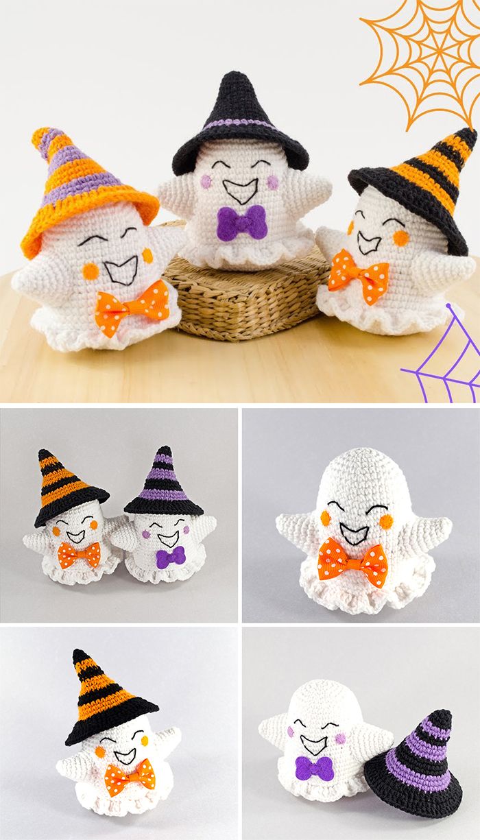 crocheted halloween hats with different designs and colors