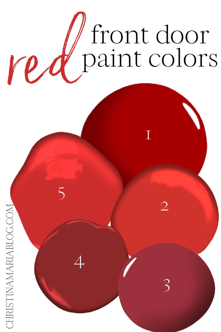 four red paint colors with the words front door paint colors on it and below them