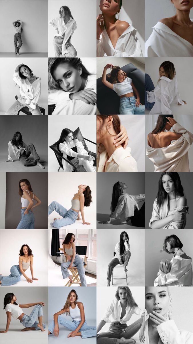 many different images of women in white shirts and jeans, with one woman sitting on the floor