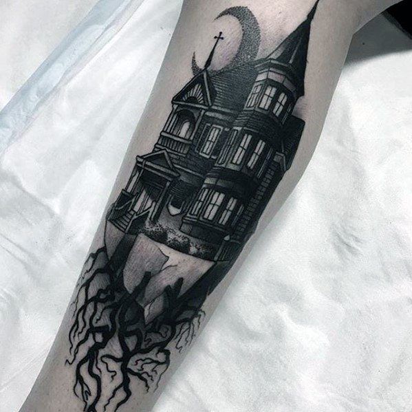 a black and white photo of a house on the arm