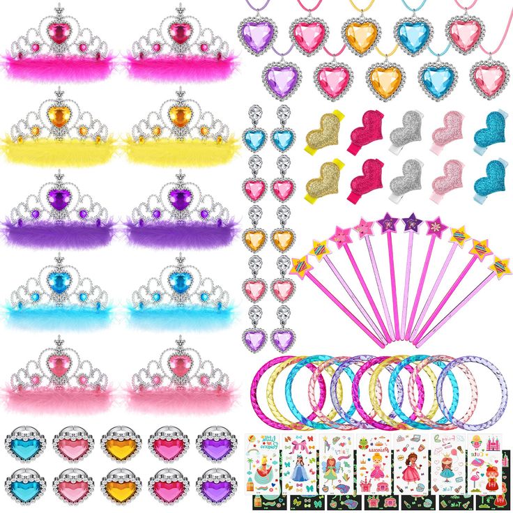 PRICES MAY VARY. Princess Party Favors Set: this girls party favor jewelry includes 10 feather princess crowns, 10 necklaces ropes, 10 necklaces pendant, 10 rings, 10 bracelets, 10 pairs of earrings, 10 hairpins, 10 wands, 10 glitter hearts and 14 sheets of princess stickers, girls will like these princess party gifts Reliable Quality: made of quality materials, sturdy and reliable to use, keeping your lovely girl's safe and happy, your kids can also share them with their friends, having more fu Princess Party Favours, Crown Stickers, Princess Rings, Princess Party Bags, Toddler Dress Up, Princess Tattoo, Princess Party Favors, Dress Up Games, Girls Party Favors