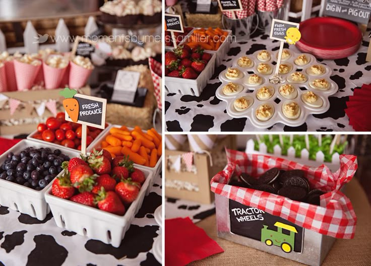 the dessert table is decorated with farm animals