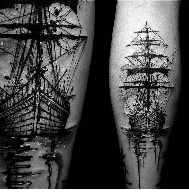 two black and white tattoos on legs with ships in the water, one is painted