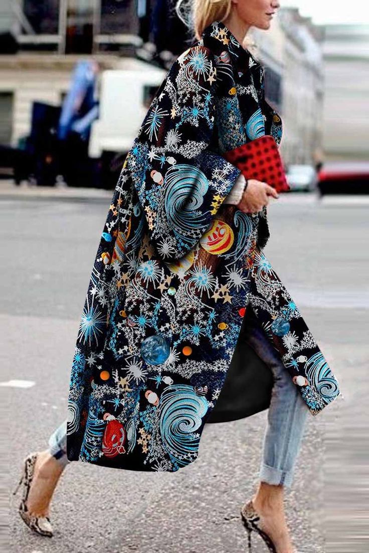 Stylish Ladies' Long Sleeve Lapel Collar Coat Lapel Collar Coat, Mode Prints, Robes Glamour, Look Boho Chic, Fall Fashion Coats, Straight Clothes, Collar Coat, Collared Coat, Print Coat