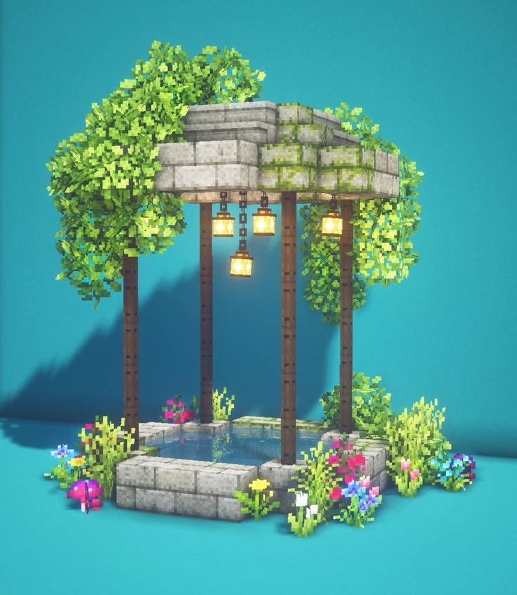 an artistic rendering of a stone gazebo with flowers and trees around it on a blue background