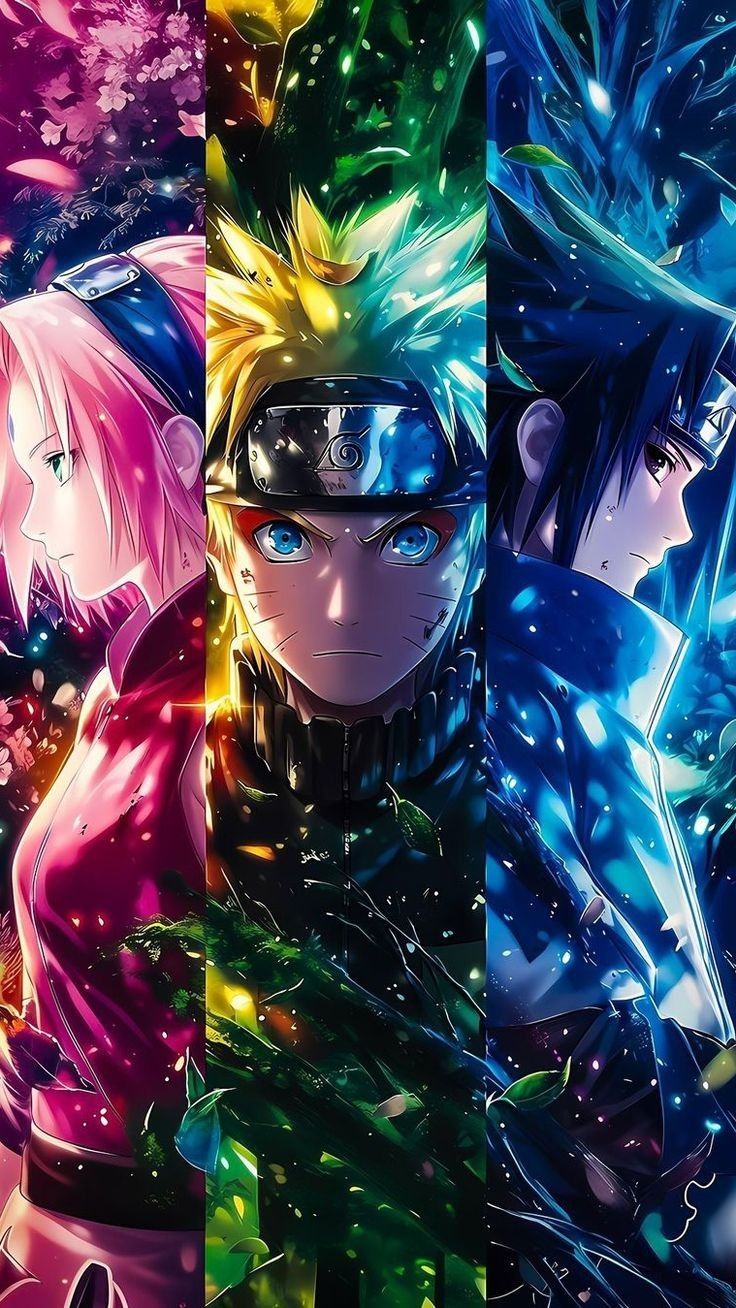 three anime characters with different colored hair