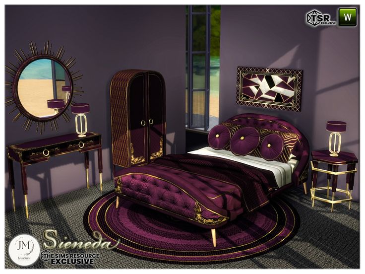 a bedroom with purple walls and furniture