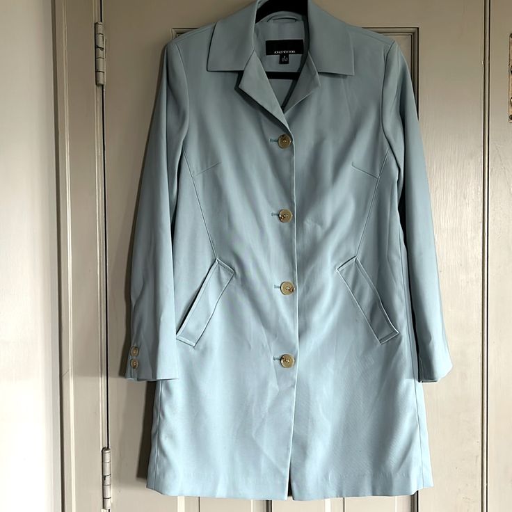 Jones New York Coat Baby Blue Fully Lined Two Pockets Armpit To Armpit 19” Laying Flat Length 34” Excellent, Clean & Never Worn Condition. No Flaws. Smoke Free Home. Classic Light Blue Long Sleeve Outerwear, Fitted Light Blue Outerwear With Buttons, Fitted Light Blue Outerwear With Button Closure, Classic Light Blue Winter Outerwear, Fitted Blue Button-up Outerwear, Classic Light Blue Outerwear For Fall, Classic Fitted Light Blue Outerwear, Light Blue Button-up Outerwear For Work, Light Blue Single Breasted Outerwear For Spring