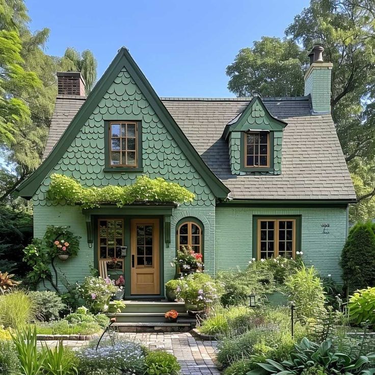 a green house with lots of plants and flowers around it's front door is shown