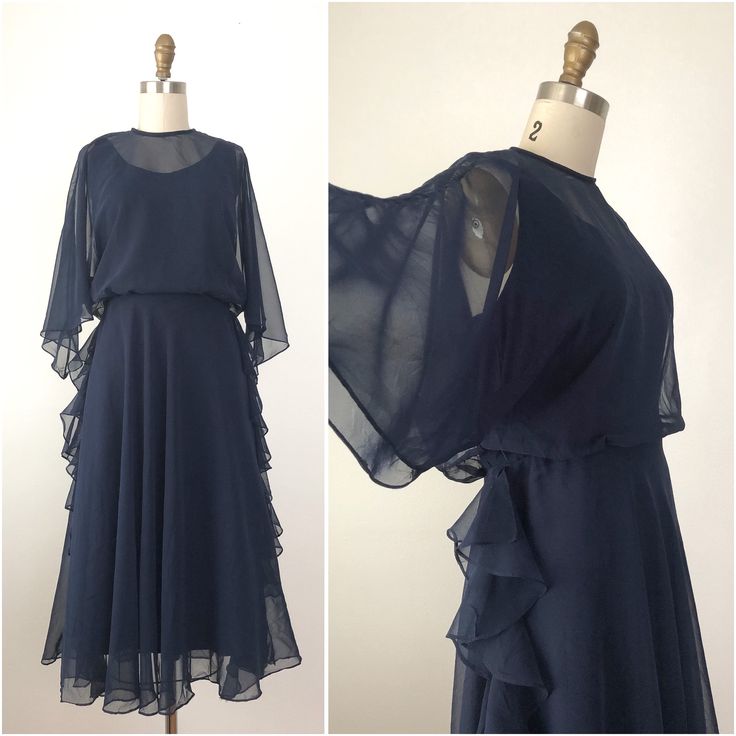 "Beautiful flowy navy blue ruffled dress. Size M Bust 34\" Waist 28\" Hips 40\" Length 45\" Condition really nice! Feel free to convo with any request. Happy shopping!" Ruffled Dress, Ruffle Dress, Really Cool Stuff, Cold Shoulder Dress, 1970s, Happy Shopping, Dress Outfits, Navy Blue, Feel Free