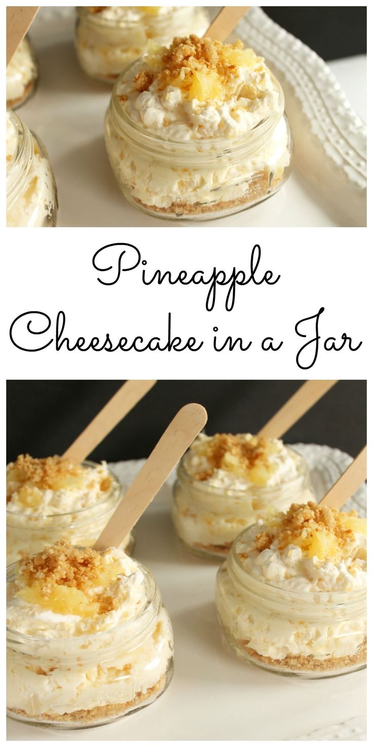 pineapple cheesecake in a jar with wooden spoons on the side and another photo