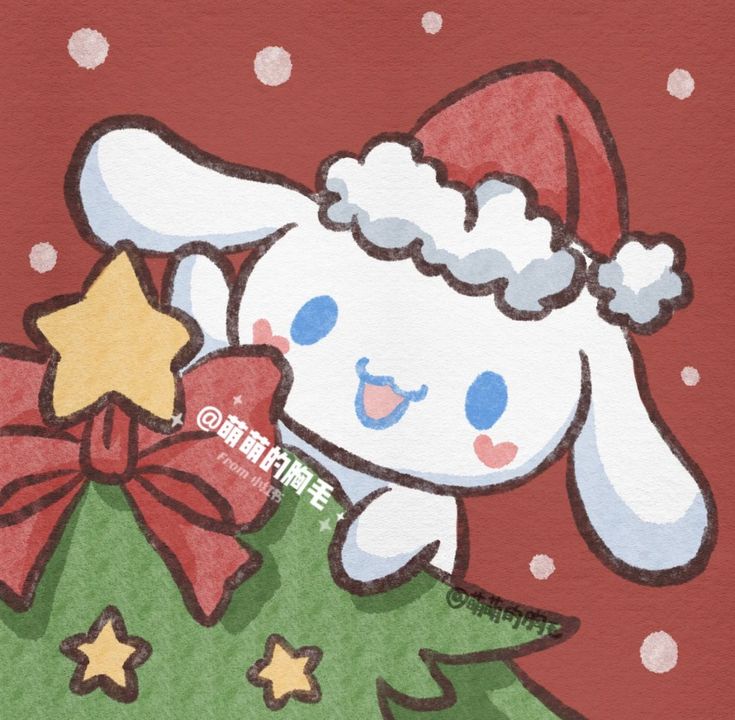 a drawing of a white rabbit with a red hat on top of a christmas tree