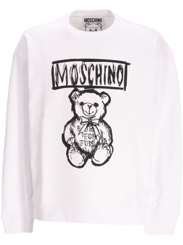 white cotton logo print to the front crew neck long sleeves ribbed cuffs and hem Moschino Sweatshirt, Teddy Bear Sweater, Moschino Teddy Bear, Teddy Bear Print, Moschino Men, Moschino Logo, Bear Print, Print Sweatshirt, Engineered Garments