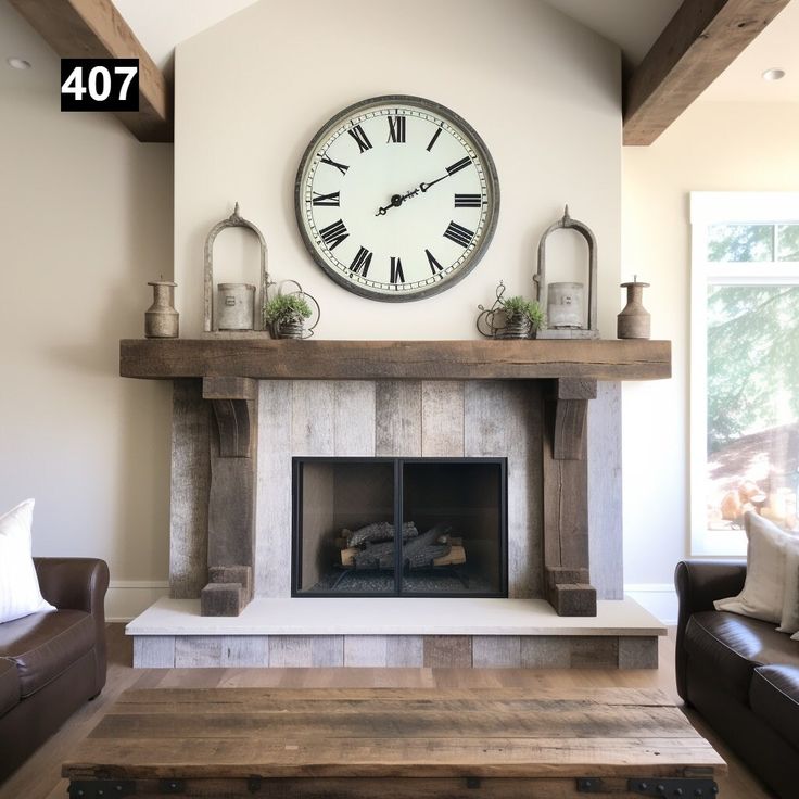 a living room with a large clock on the wall above the fire place and couches