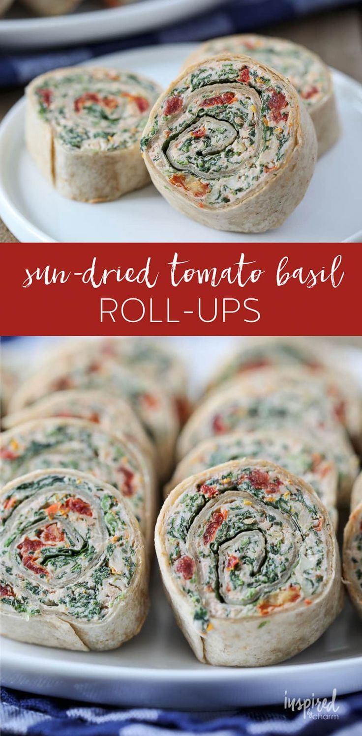 spinach, tomato and cheese roll - ups on a white plate with text overlay