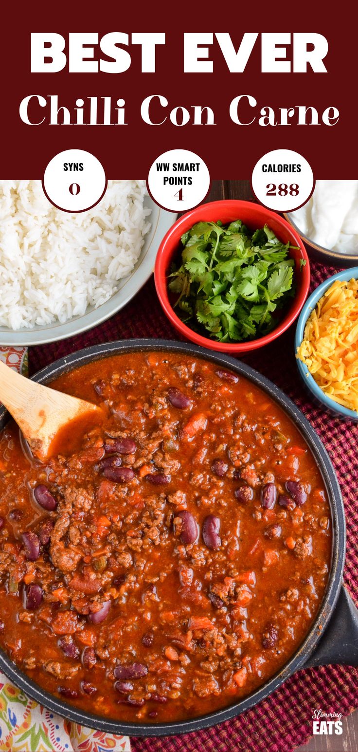 chili con carne in a skillet with rice and other foods