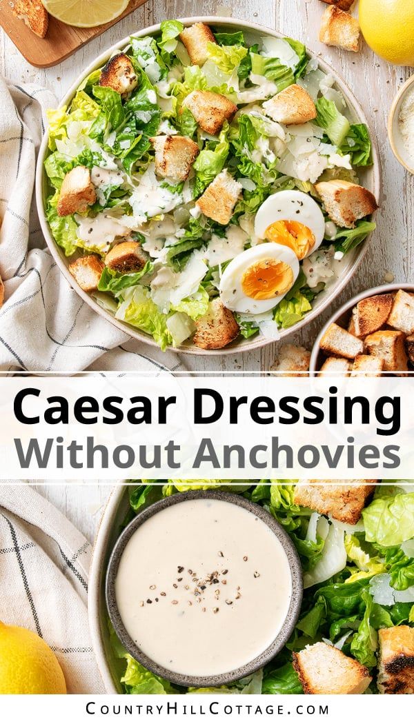 caesar dressing without anchovies in a bowl with lemons and bread on the side