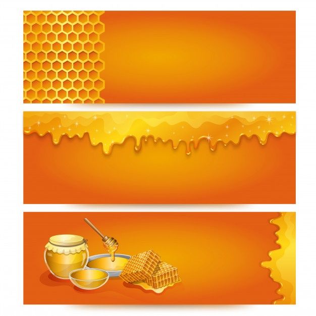 three banners with honey and honeycombs