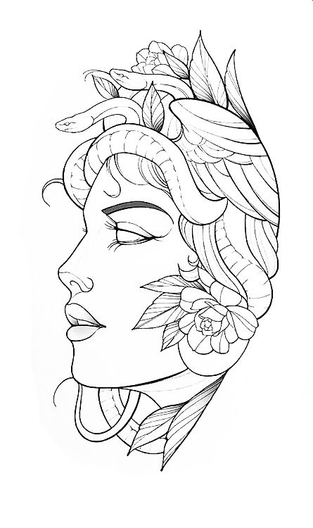 a drawing of a woman's face with flowers in her hair and leaves on her head