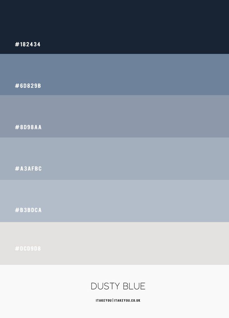 the color scheme for dusty blue is shown in three different shades, each with their own name