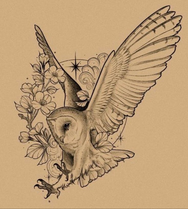 an owl flying with its wings open and flowers around it