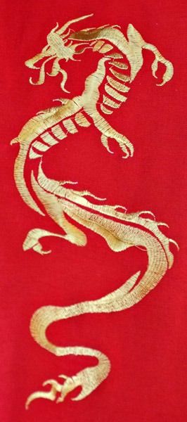 a gold dragon on a red shirt with white writing that says, i am not sure what this is