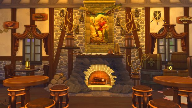 an animated fireplace in the middle of a room with wooden tables and stools around it