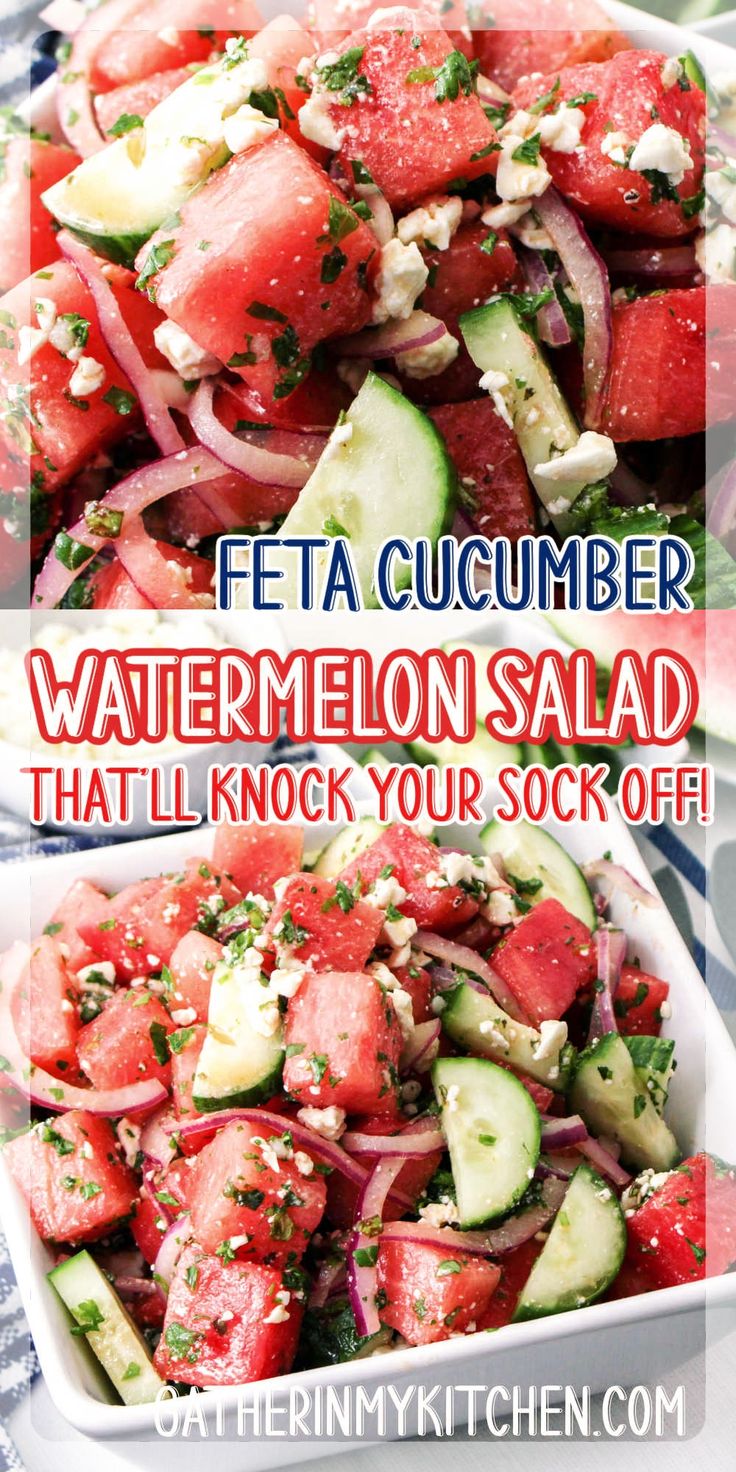 watermelon salad with onions, cucumber and feta cheese