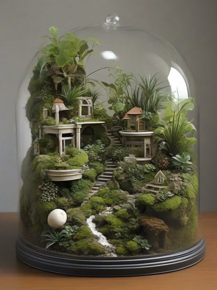 a glass dome with plants and rocks inside