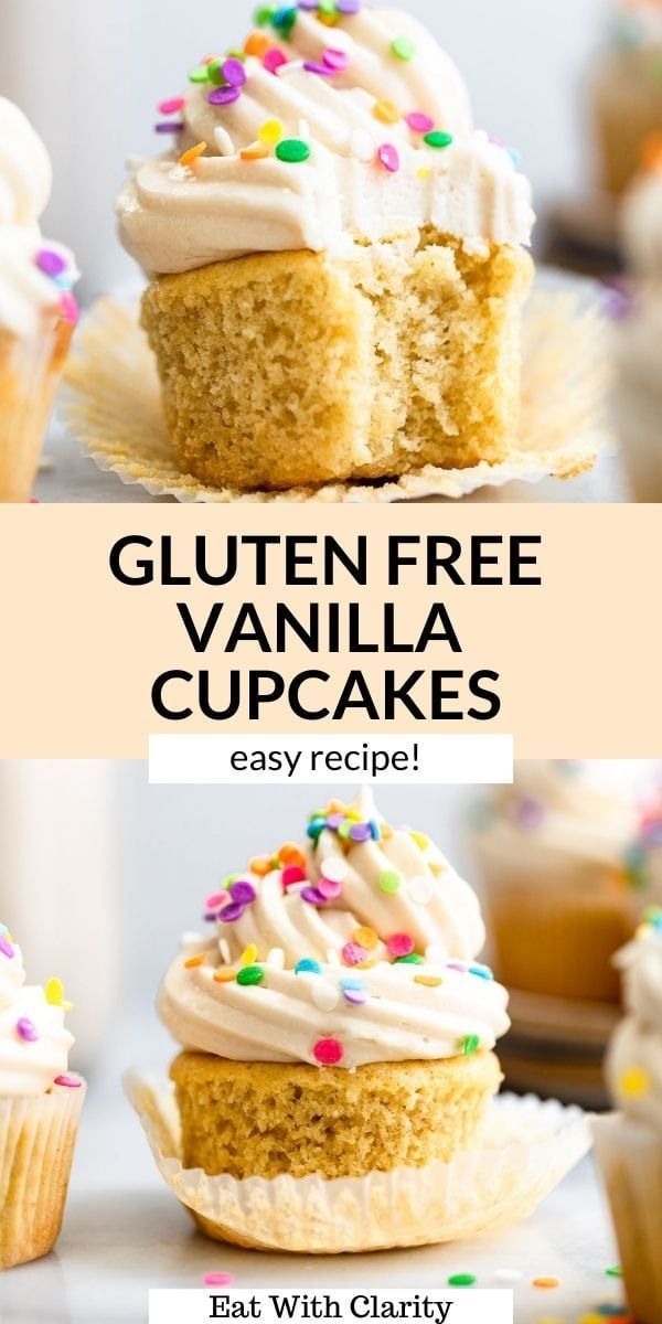 gluten free vanilla cupcakes with white frosting and sprinkles