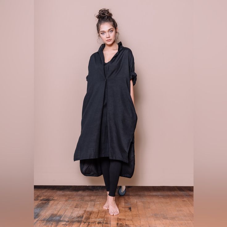 New With Tags One Size Cotton Linen Blend Long Loose Sleeves Roll Up Sleeves (Option) Approximate Lay Flat Measurements Pit To Pit 28” Length (Front) 40.5” (Back) 45.5” # 294 Chic Black Shirt Dress With Relaxed Fit, Chic Black Relaxed Fit Shirt Dress, Black Relaxed Fit Knee-length Dress, Black Knee-length Dress With Relaxed Fit, Black Relaxed Fit Shirt Dress For Work, Black Relaxed Fit Tunic Dress, Chic Black Relaxed Fit Dresses, Black Shirt Dress For Summer Evenings, Black Tunic Dress For Evening