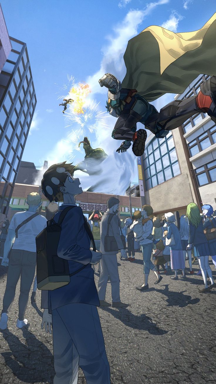 an animated image of a man flying through the air in front of other people and buildings