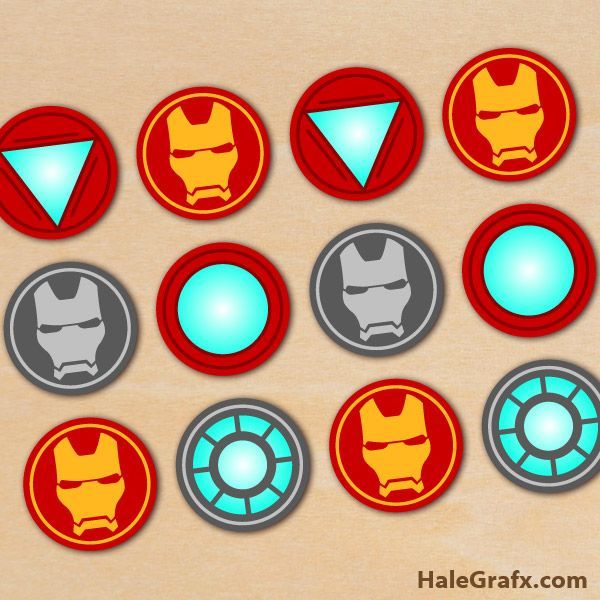 the iron man and captain america badges are shown in different colors, shapes and sizes