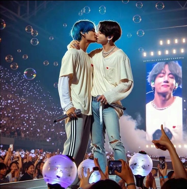 two young men kissing on stage with bubbles in the air and people holding up their hands